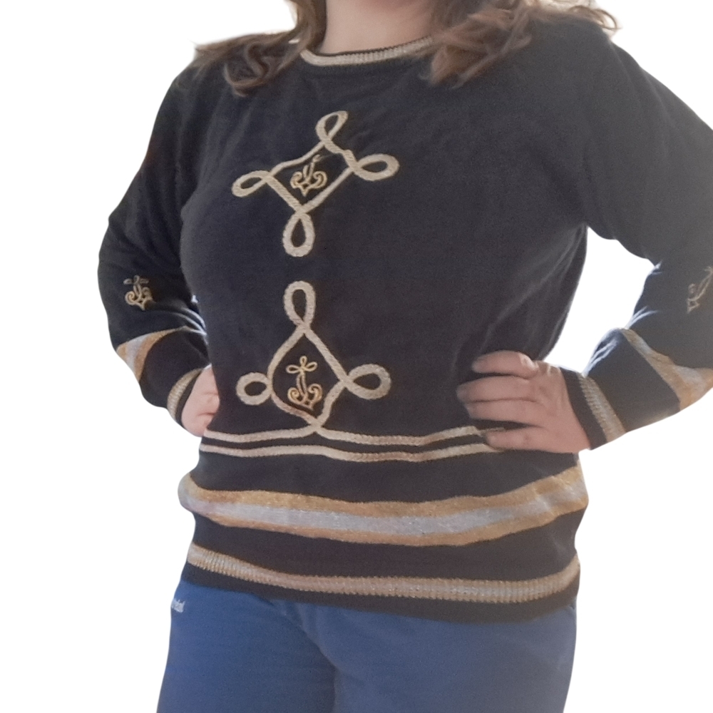 Vintage Black Embroidered Knit Sweater Gold Trim - Picture 1 of 9